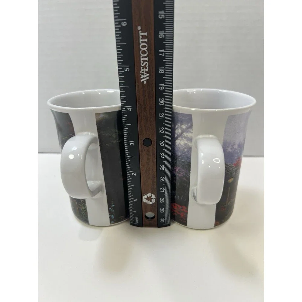 2 Thomas Kinkade Hollyhock House Lilac Cottage 2004 Mugs Coffee Ceramic